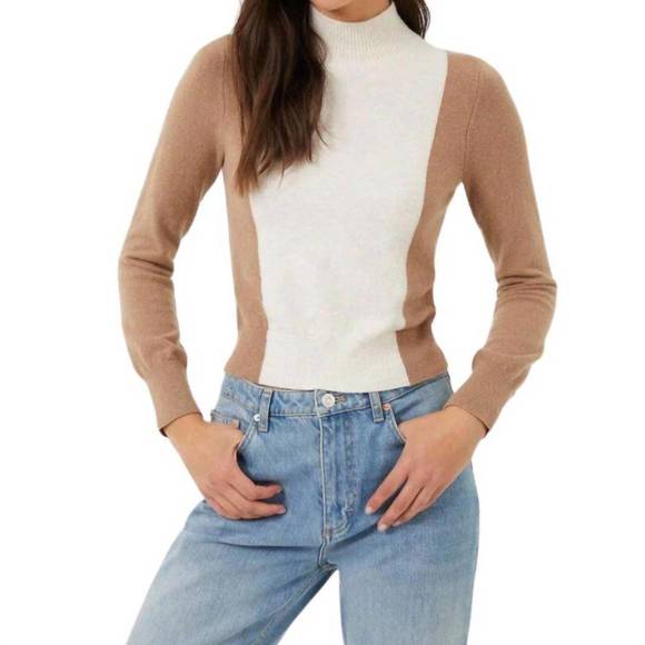 NEW FRENCH CONNECTION libby color block jumper top in camel/oat - Picture 1 of 3
